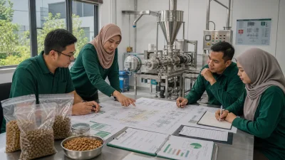 Malaysian operations team reviewing halal-friendly pet food manufacturing plans