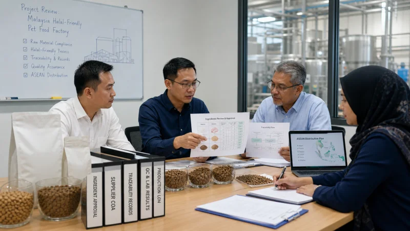 Malaysian operations team reviewing traceability records and ASEAN pet food supply planning