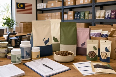 Cat food and functional pet treats arranged for Malaysia halal-aware retail planning
