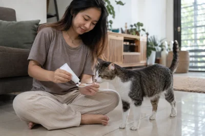 Cat approaching a feeding spoon as its owner dispenses a small amount of paste in a Malaysian home