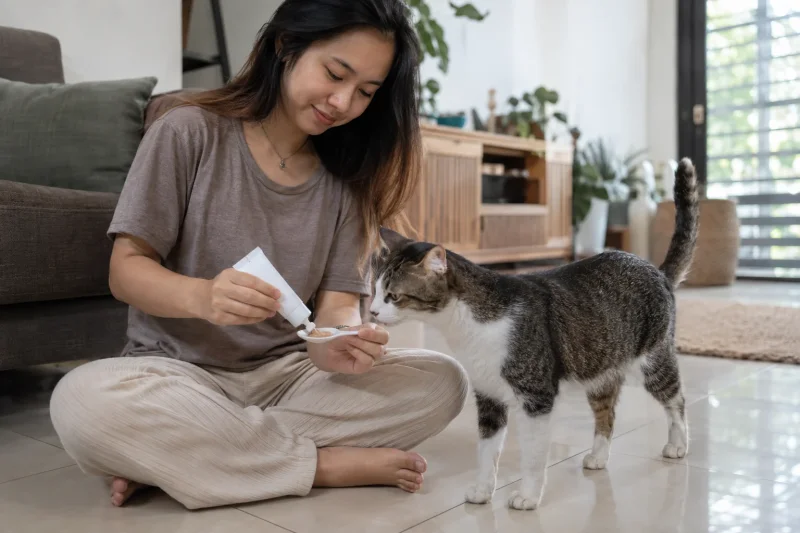 Cat approaching a feeding spoon as its owner dispenses a small amount of paste in a Malaysian home